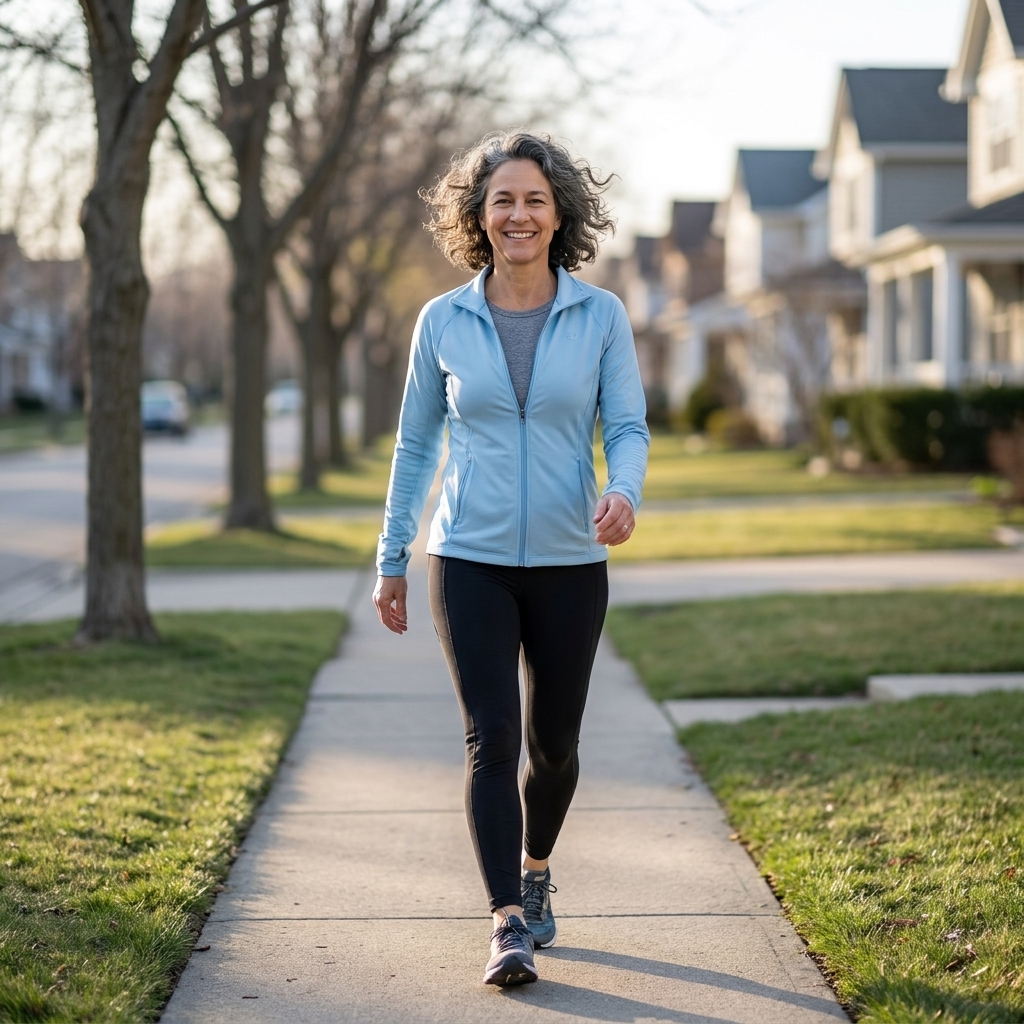 A person in athletic clothes brisk-walking on a quiet neighborhood sidewalk in the morning, relaxed shoulders and natural arm swing