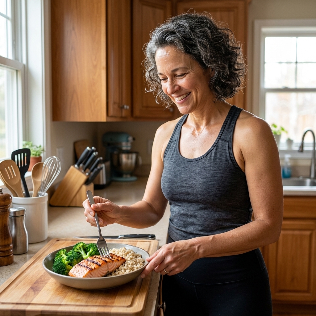 A person in athletic clothes preparing a post-workout meal in a home kitchen with a bowl of rice, salmon, and steamed vegetables on a cutting board
