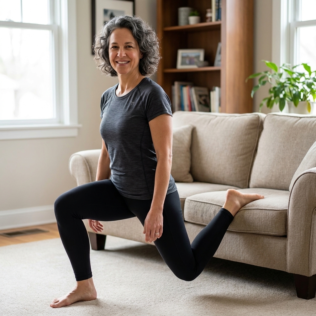 A person in athletic clothing doing a Bulgarian split squat at home with the back foot resting on a couch and the front knee tracking over the toes