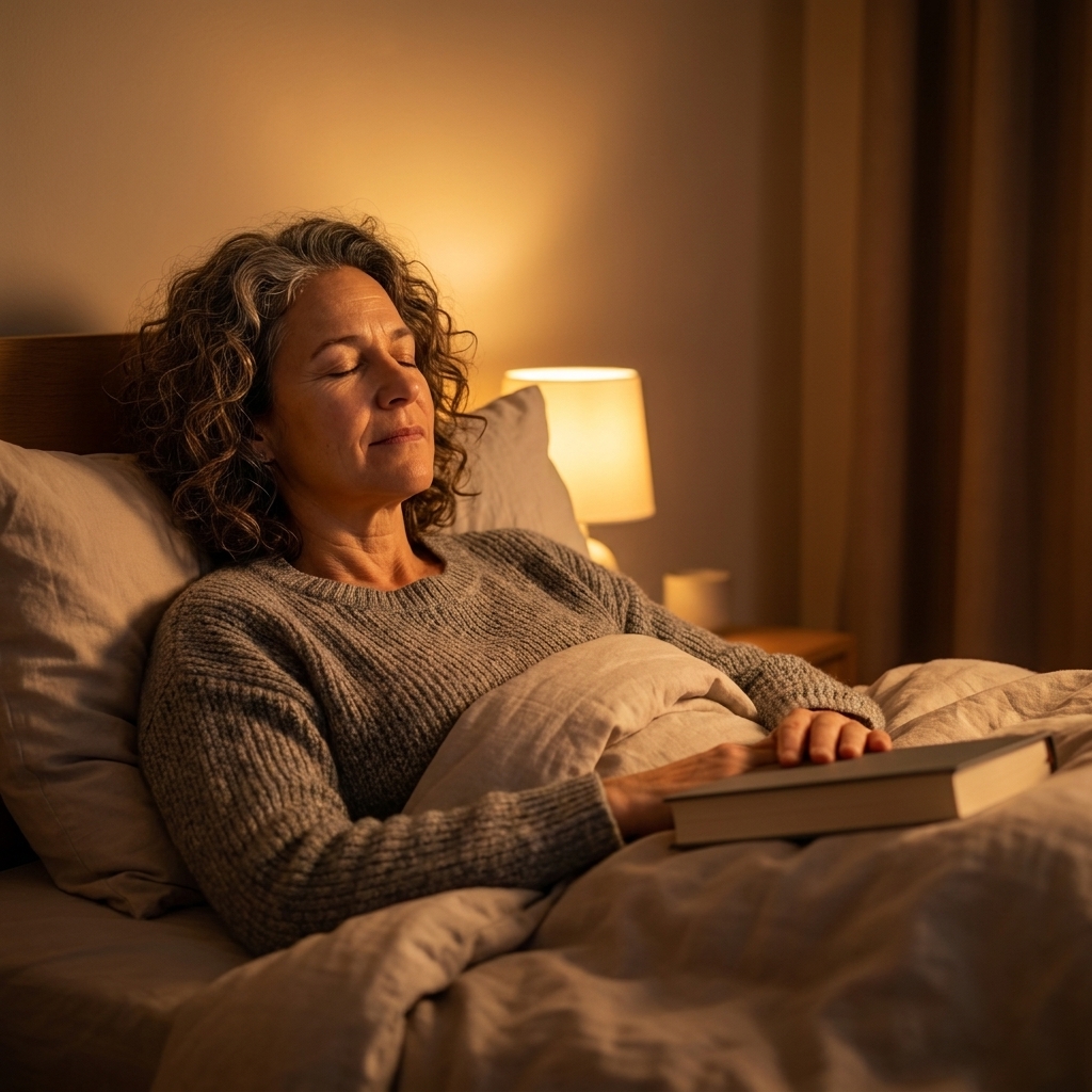 A person in bed with warm bedside lighting, book closed on the lap, eyes relaxed as they practice a slow exhale to wind down for sleep