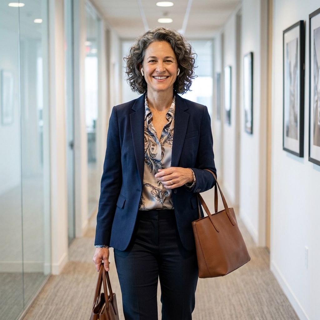 A person in business casual walking slowly in an office hallway while wearing earbuds.