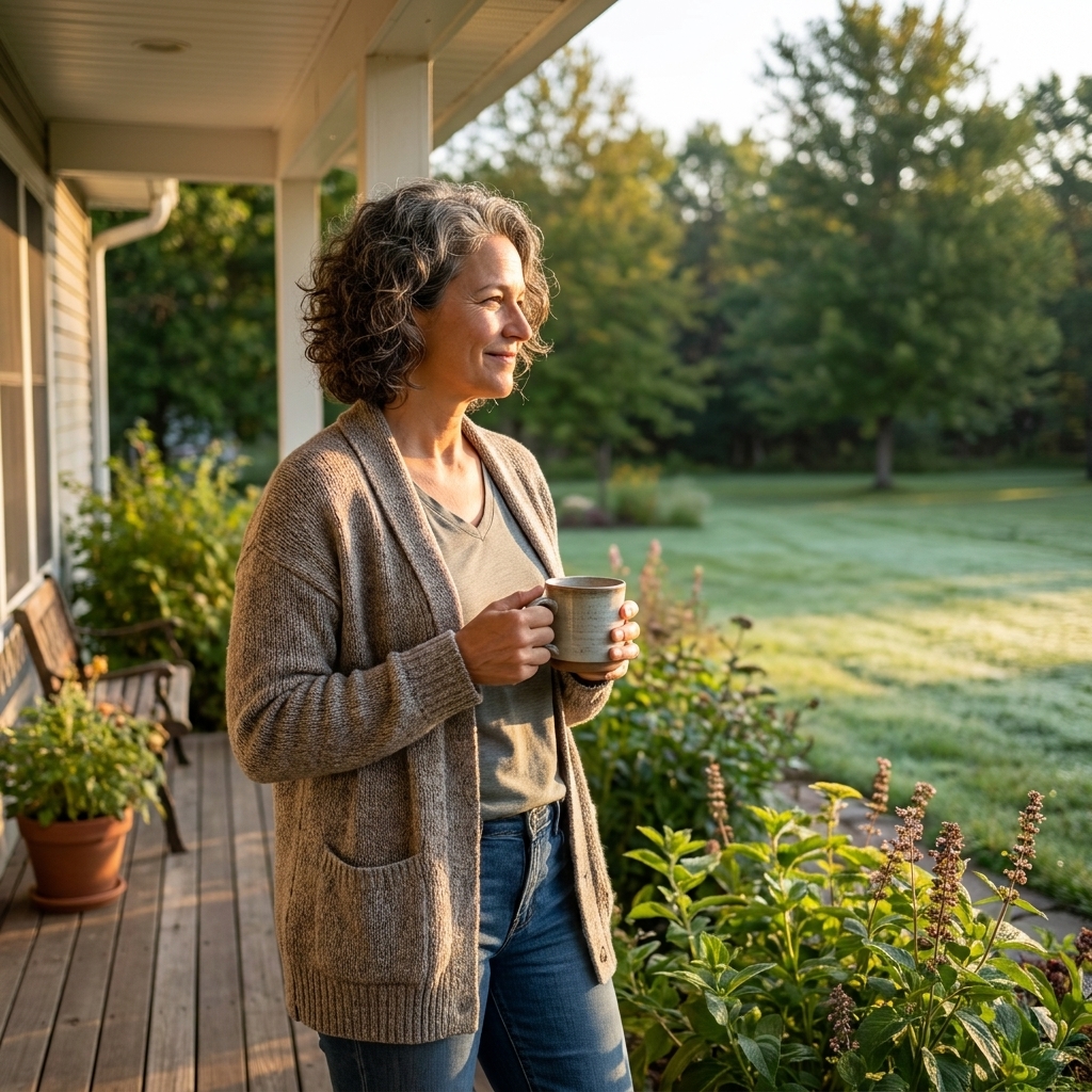 A person in casual clothes standing on a front porch with a mug, looking out at the yard in early morning sunlight.