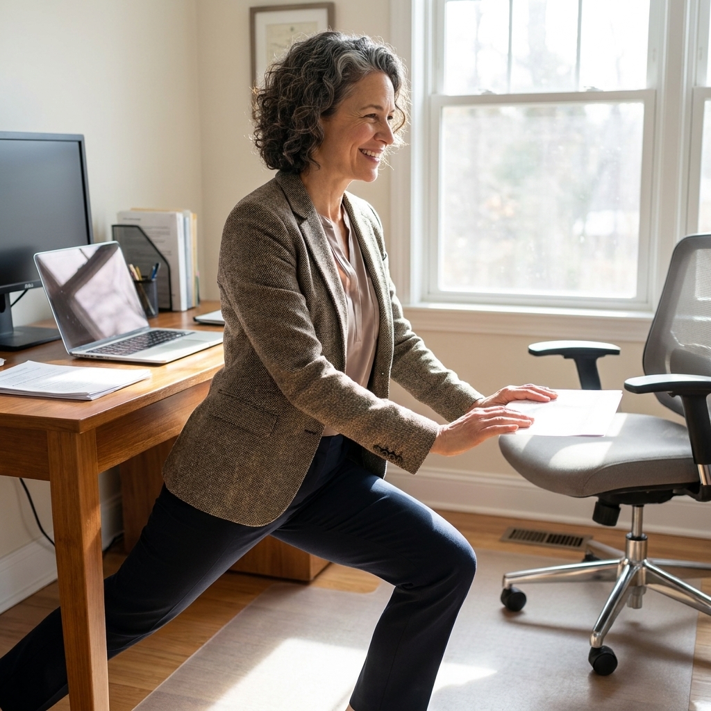 A person in office clothes doing a standing hip flexor stretch next to a desk in a bright home office with a laptop and chair nearby