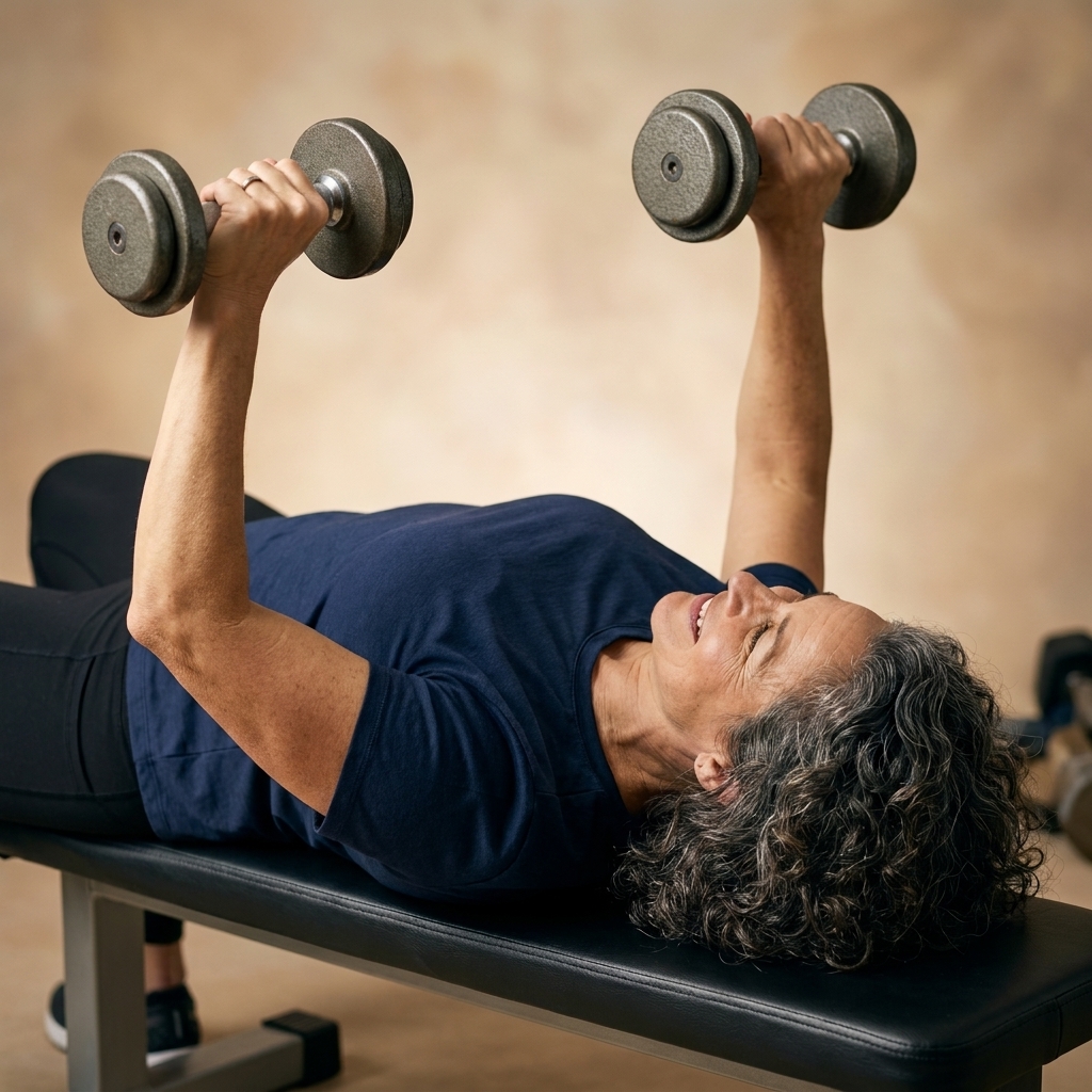A person lying on a flat bench performing a dumbbell bench press, holding two dumbbells above the chest.