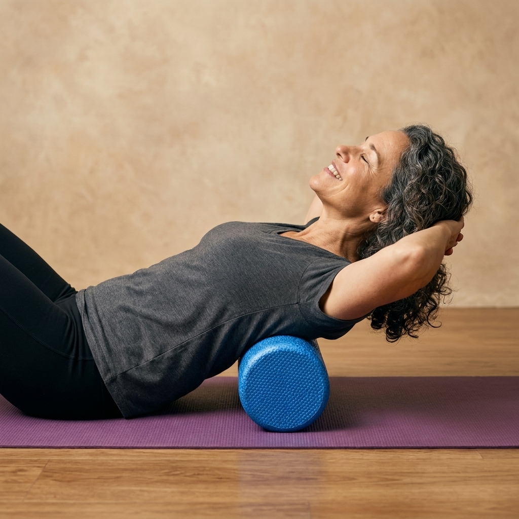 A person lying on a yoga mat with a foam roller under the upper back, hands supporting the head, gently extending the chest upward
