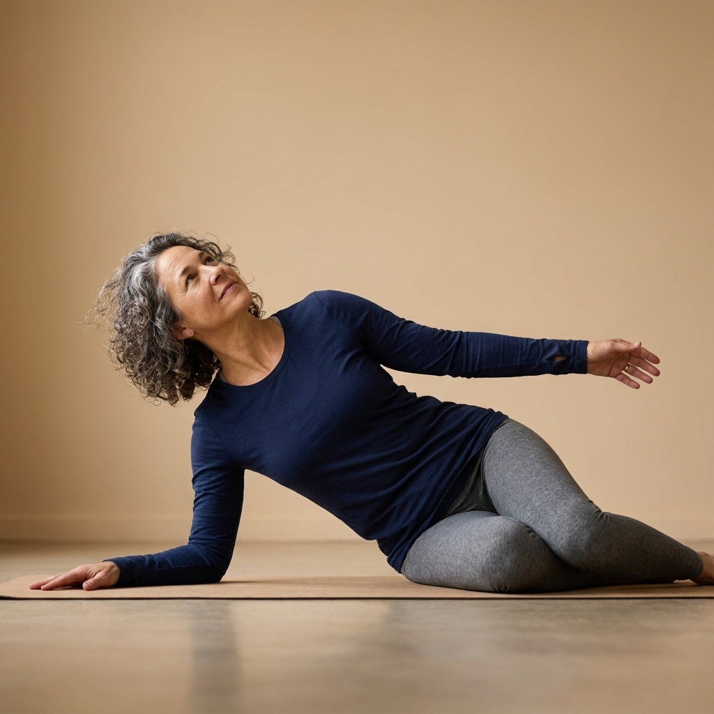 A person lying on their side on a mat performing an open book stretch, top arm reaching back with chest rotating toward the ceiling