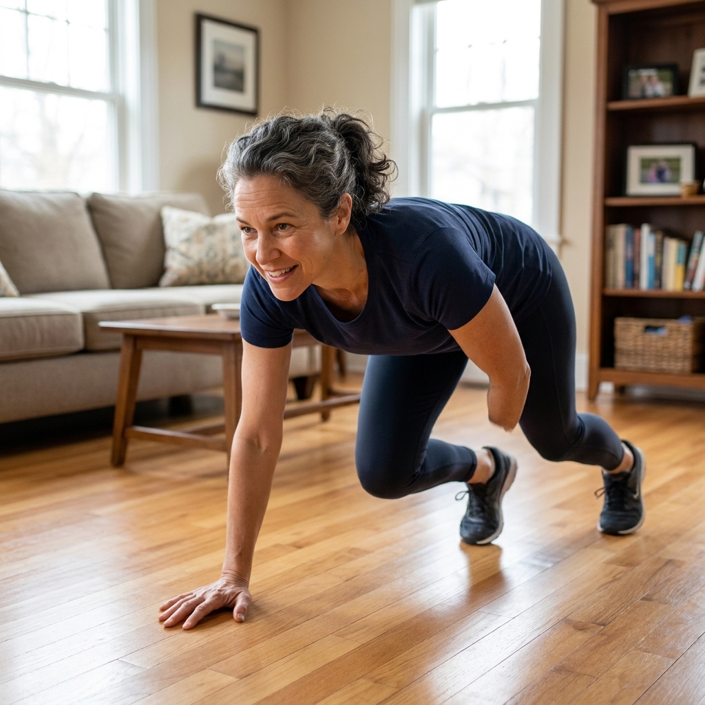 A person performing a bear crawl on a clean living room floor, knees hovering just off the ground with opposite hand and foot moving forward