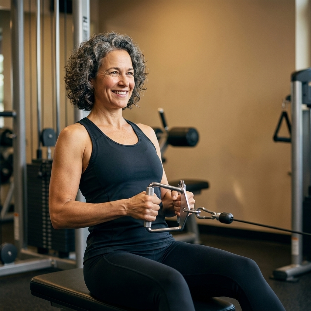 A person performing a seated cable row with a neutral grip, torso upright and the cable pulled toward the abdomen.