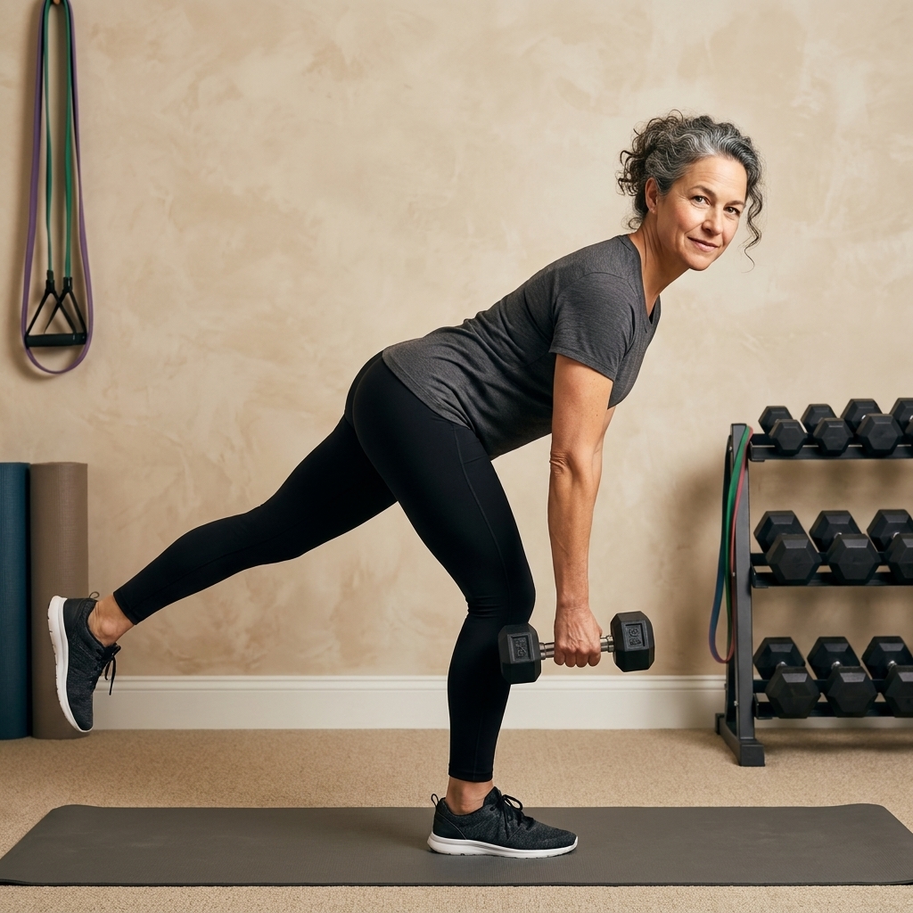 A person performing a single-leg Romanian deadlift in a minimal home gym space, hinging at the hips with a flat back and the rear leg extended