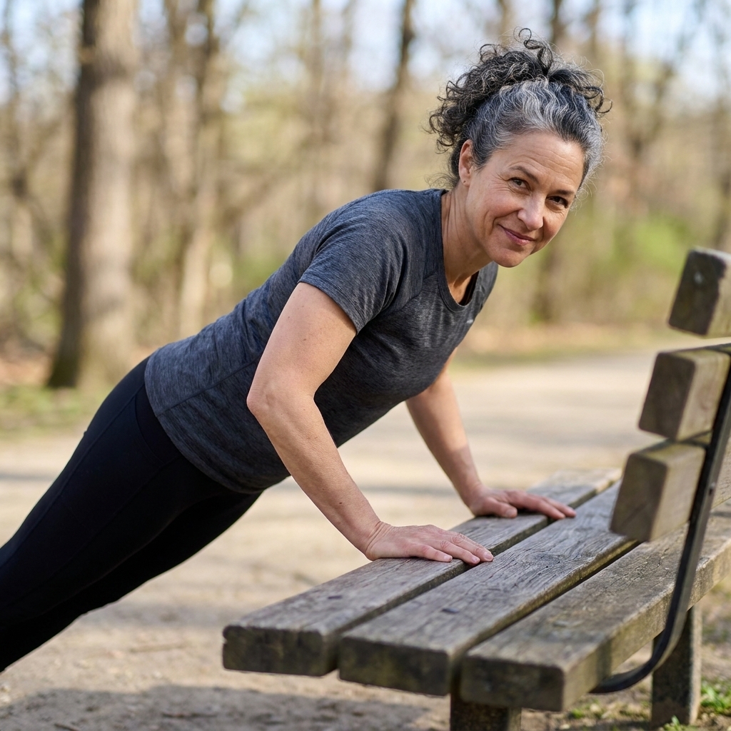 A person performing an incline push-up with hands on a sturdy bench, body in a straight line, elbows bending at about 45 degrees