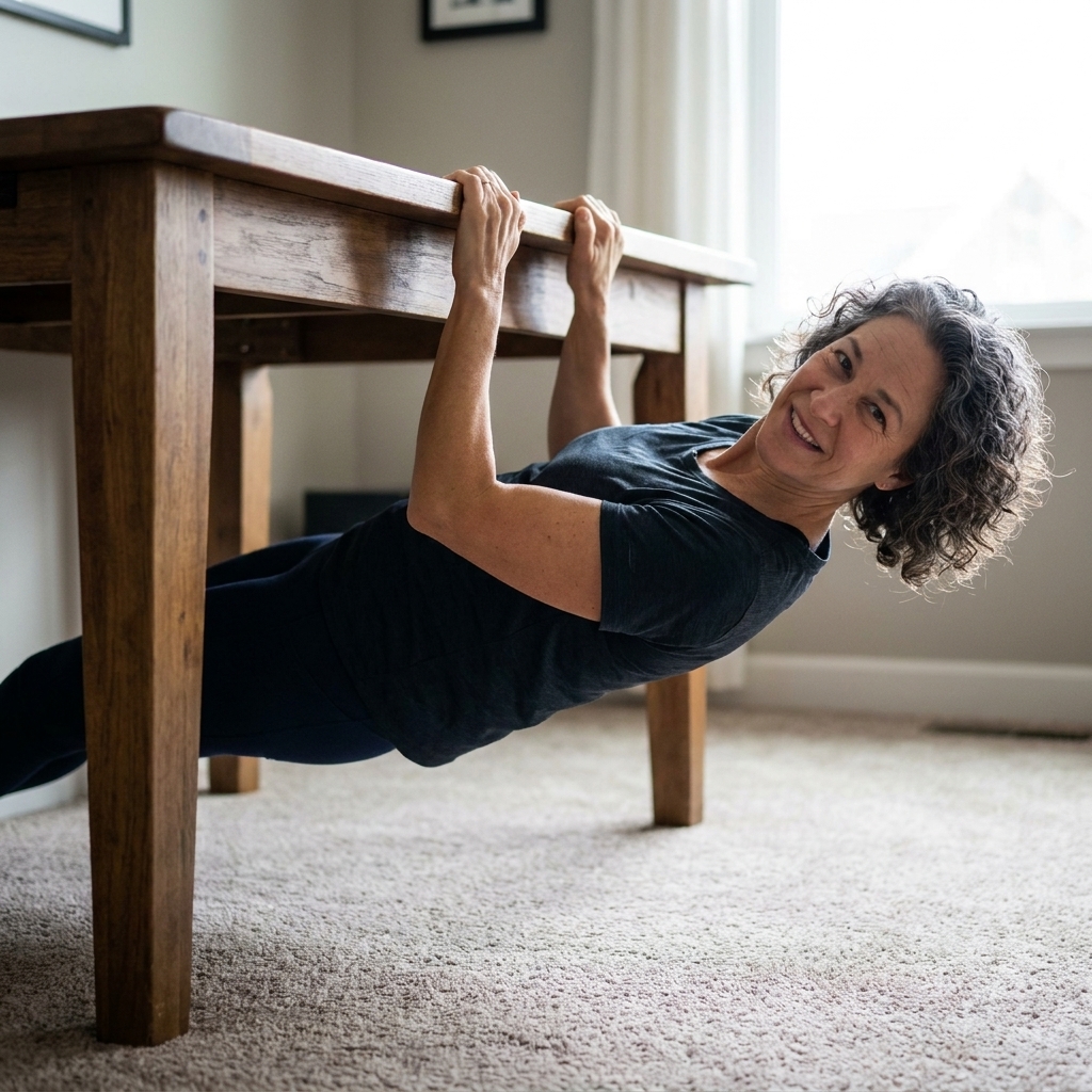 A person performing an inverted row under a sturdy support, gripping the edge with a straight body line and heels on the floor