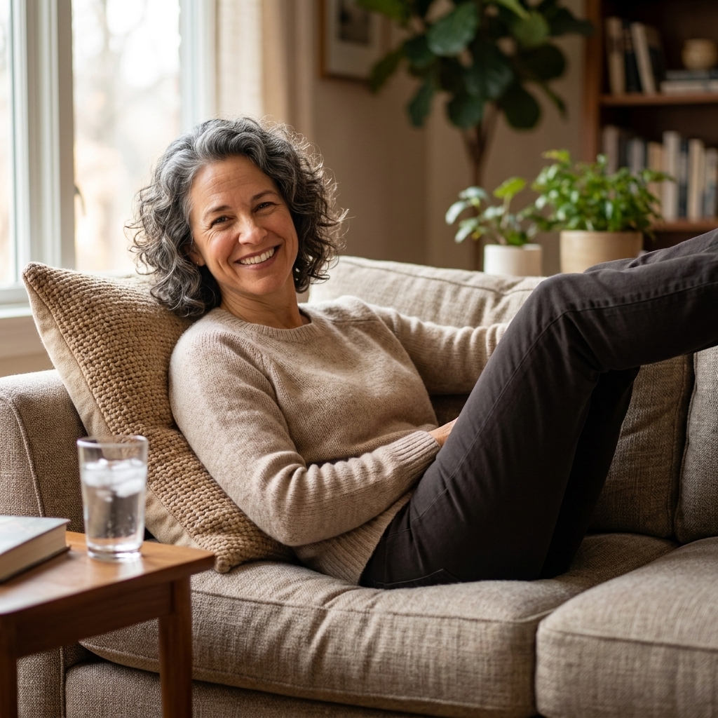A person relaxing on a couch with a glass of water nearby, legs elevated on a pillow, in soft natural window light
