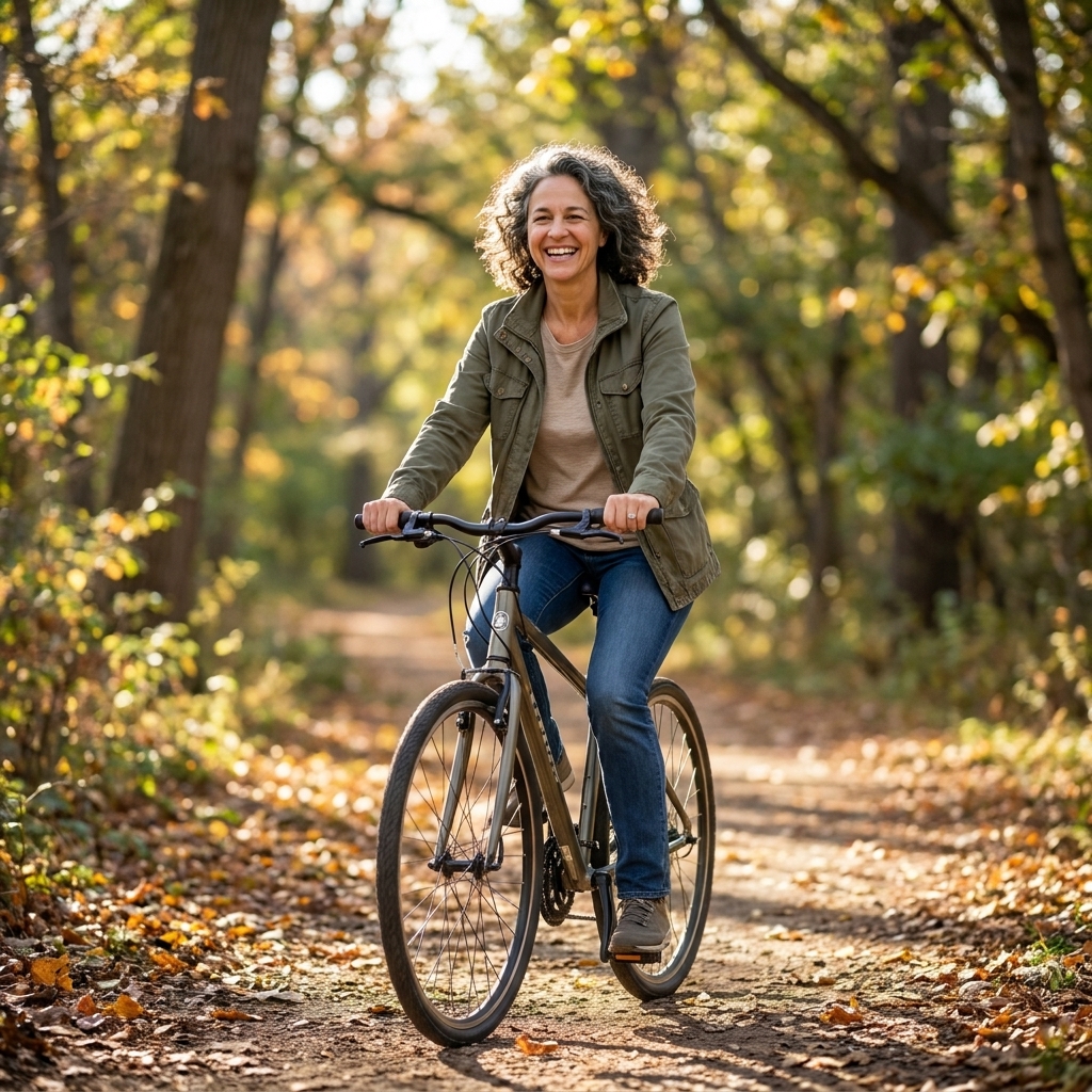A person riding a bicycle at an easy pace on a leafy park trail, upright posture and relaxed expression