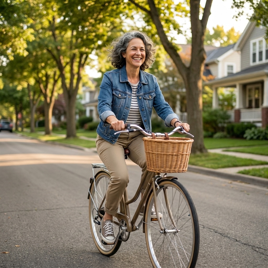 A person riding a bicycle at an easy pace on a quiet neighborhood street with relaxed posture and casual effort