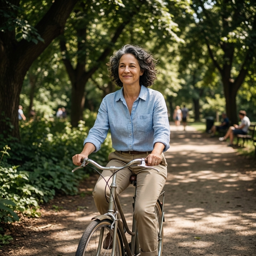 A person riding a bicycle at an easy pace on a shaded park path with relaxed posture and no signs of exertion