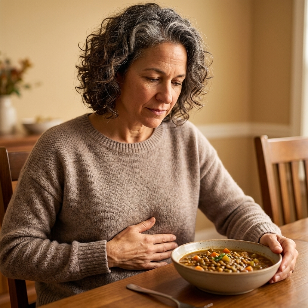 A person seated at a dining table placing one hand gently on their abdomen while looking at a bowl of food, pausing as if to assess hunger and readiness