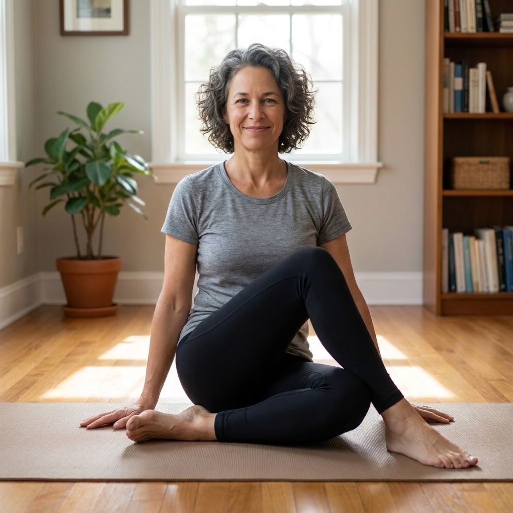 A person seated on the floor performing 90/90 hip switches, with both knees bent and torso upright in a calm home setting