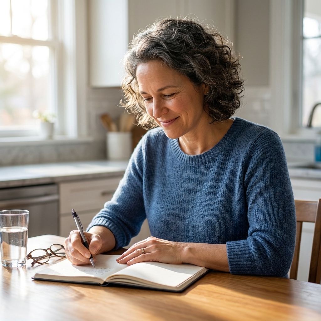 A person sitting at a kitchen table in soft morning light, writing in a notebook beside a glass of water.
