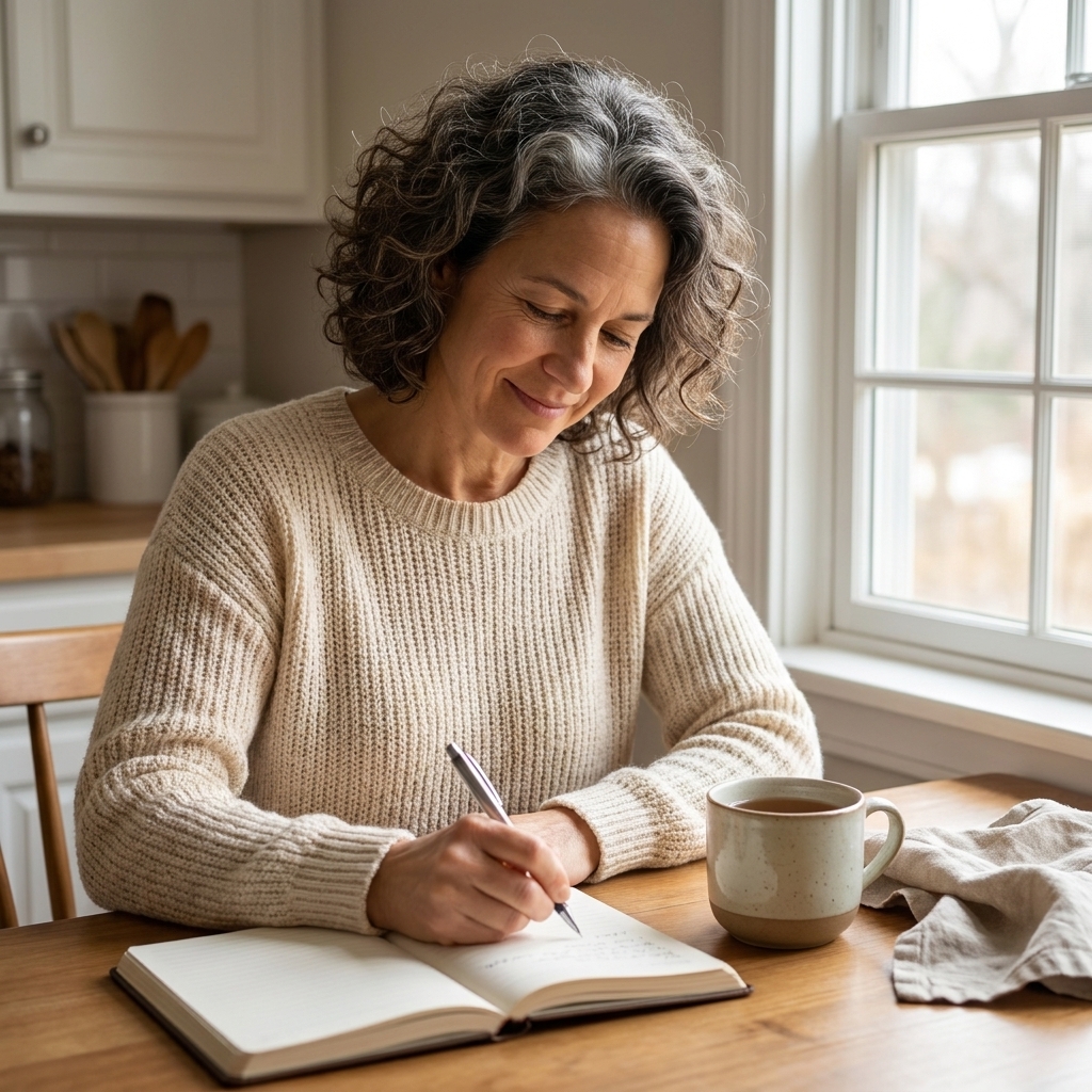 A person sitting at a kitchen table in soft morning light, writing in a notebook next to a mug of tea.