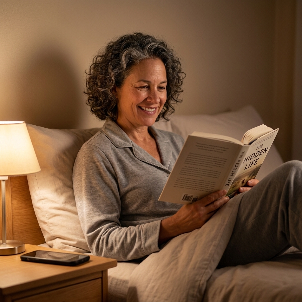 A person sitting in bed reading a paperback book under a soft bedside lamp, with a phone placed face down on a nightstand