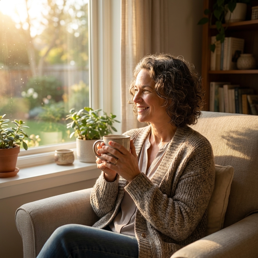 A person sitting near a window in the morning holding a mug while sunlight fills the room, calm atmosphere