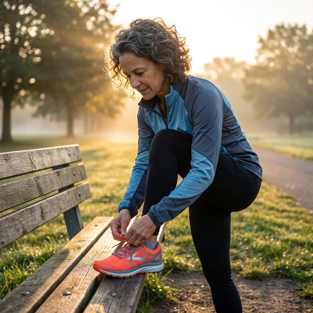 A person sitting on a park bench at sunrise tying their running shoes before a run