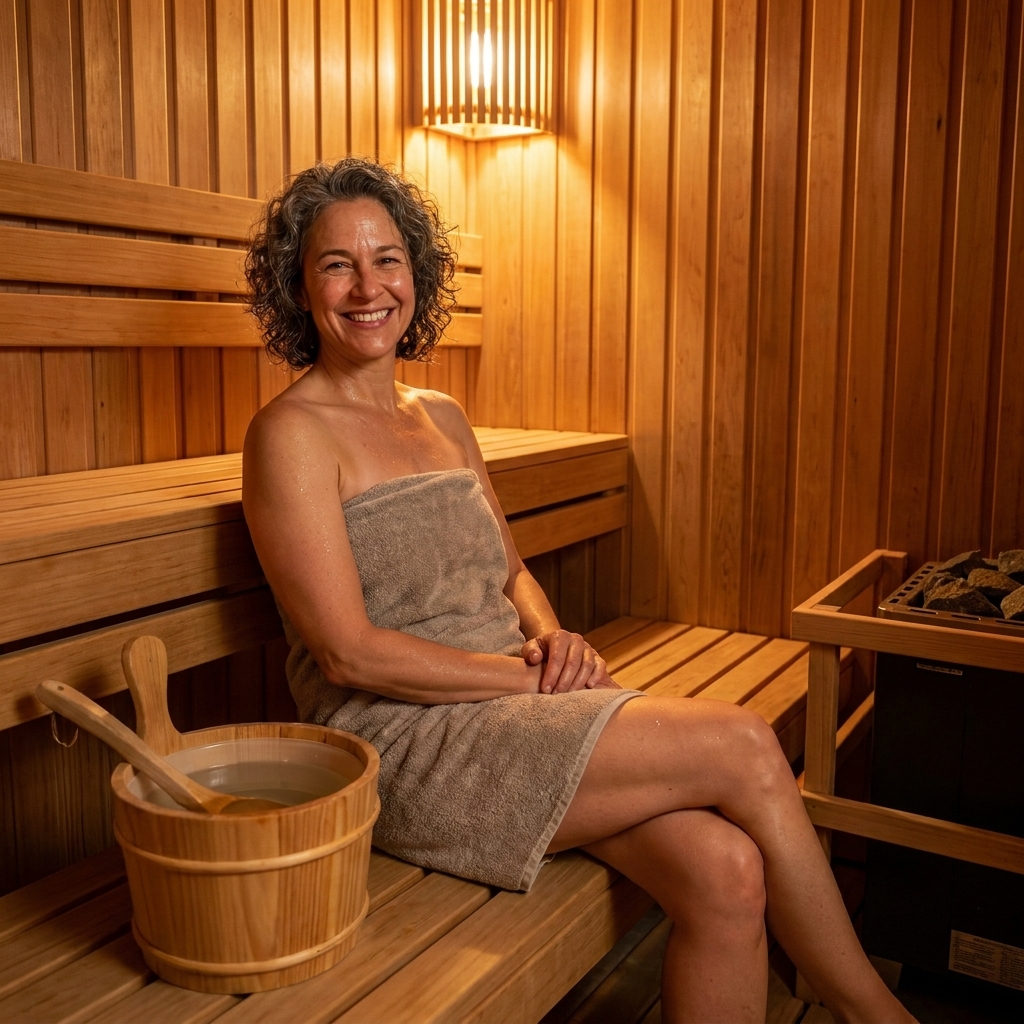 A person sitting on a wooden bench inside a traditional sauna, warm light reflecting off cedar walls with a bucket and ladle nearby