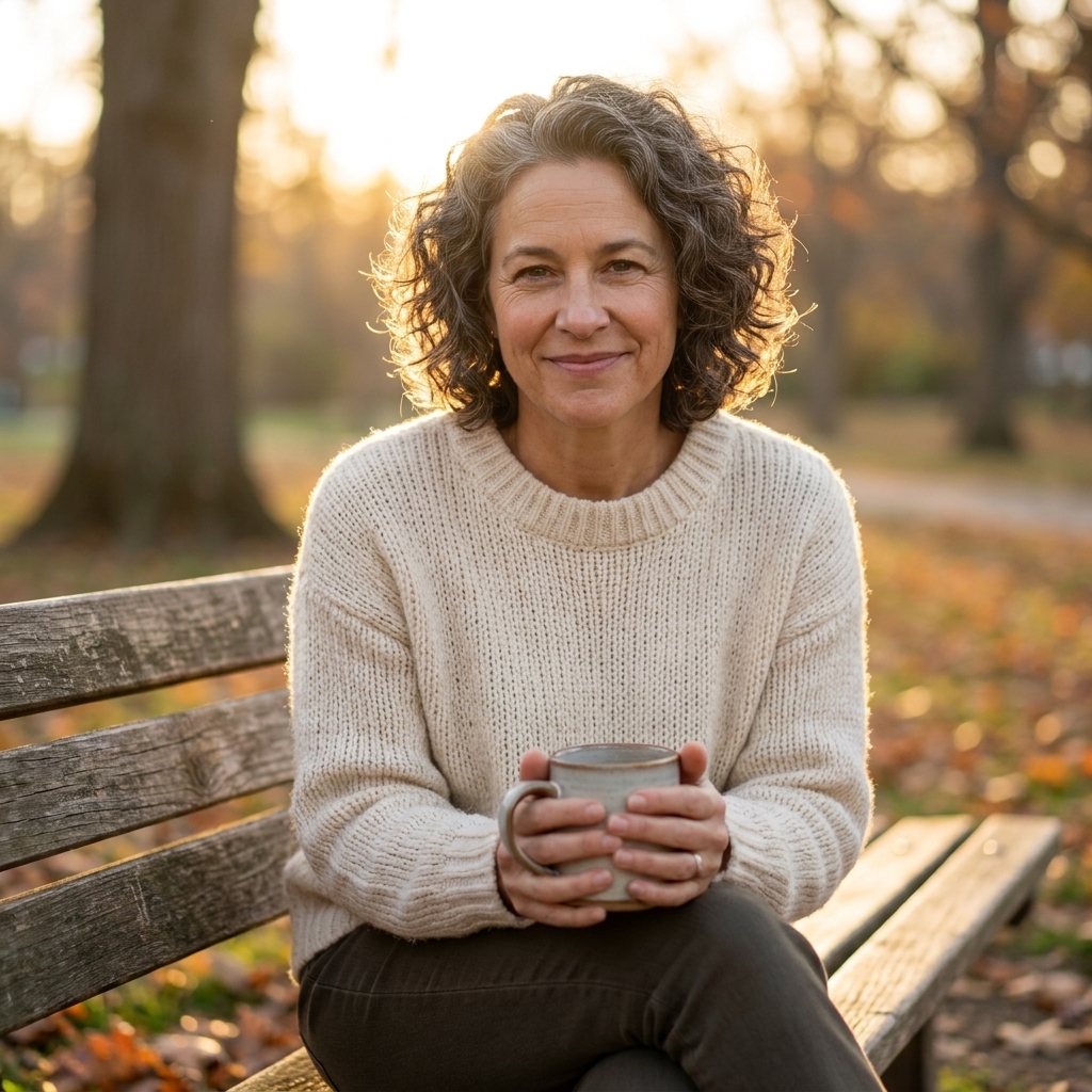 A person sitting quietly on a park bench during sunrise with soft golden light and trees in the background.