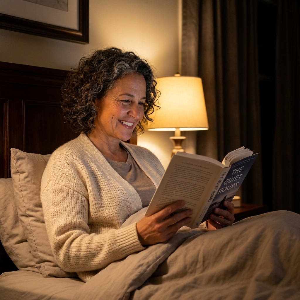 A person sitting up in bed reading a paperback book under a warm bedside lamp, with the rest of the room dim and calm