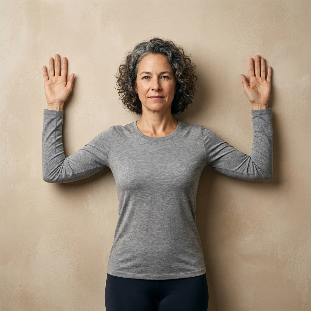 A person standing against a wall doing controlled wall slides with forearms on the wall, keeping ribs down and neck relaxed