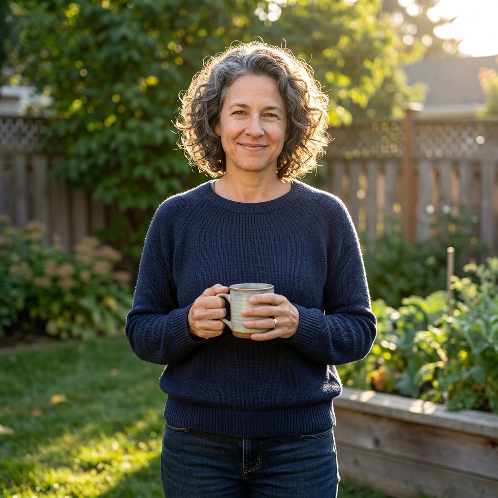 A person standing in a backyard in the morning sun, holding a mug