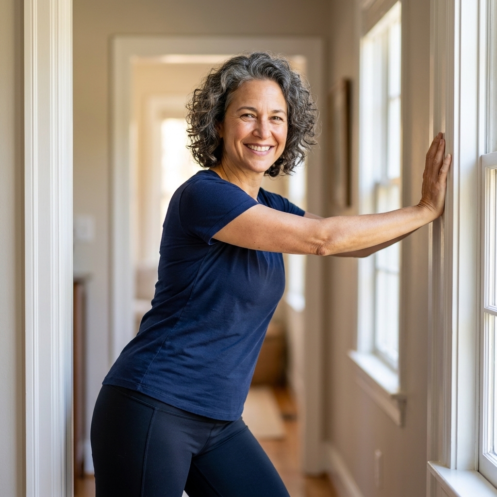 A person standing in a doorway doing a gentle chest stretch with one forearm on the door frame and the torso angled forward