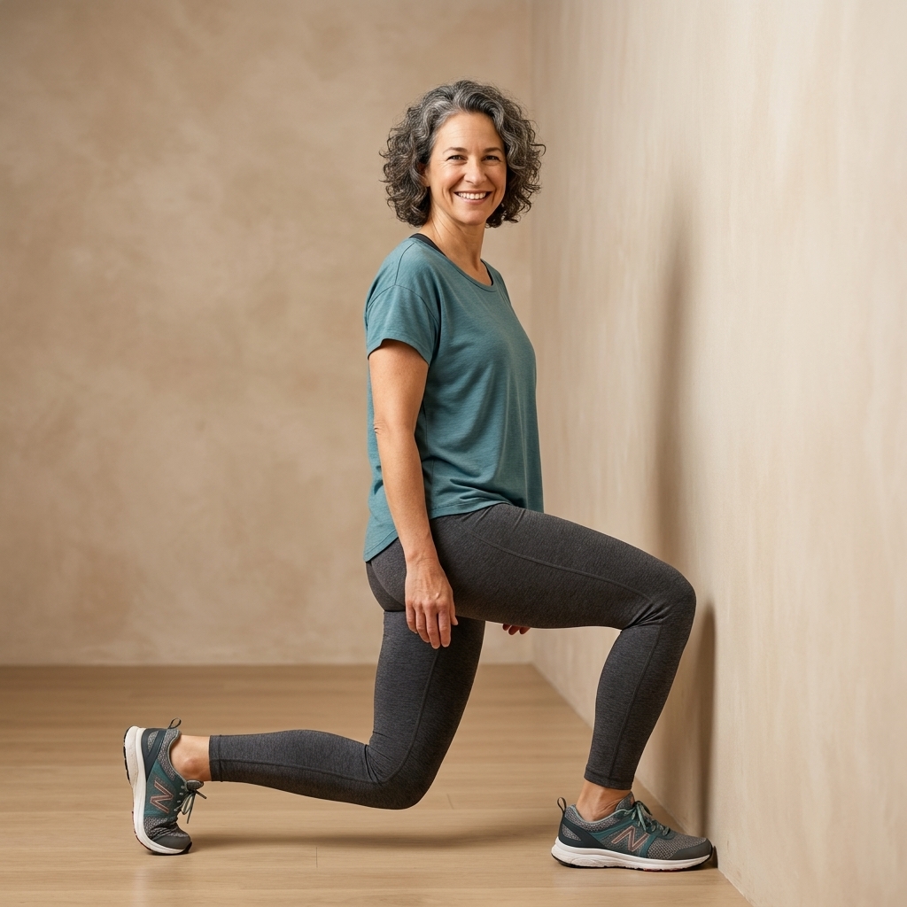 A person standing near a wall performing knee-to-wall ankle mobility rocks with the front knee moving toward the wall while the heel stays down