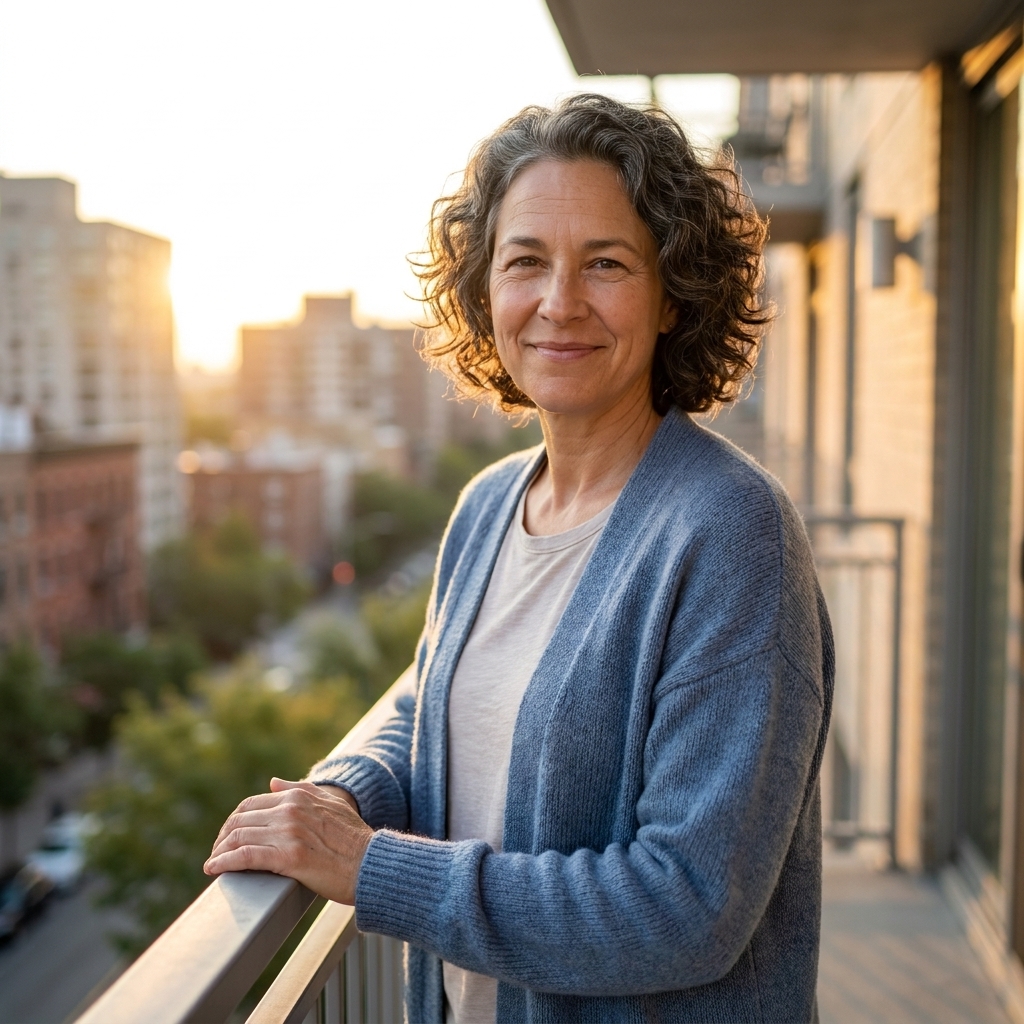 A person standing on an apartment balcony in early morning sunlight, eyes open and relaxed, hands resting on the railing.