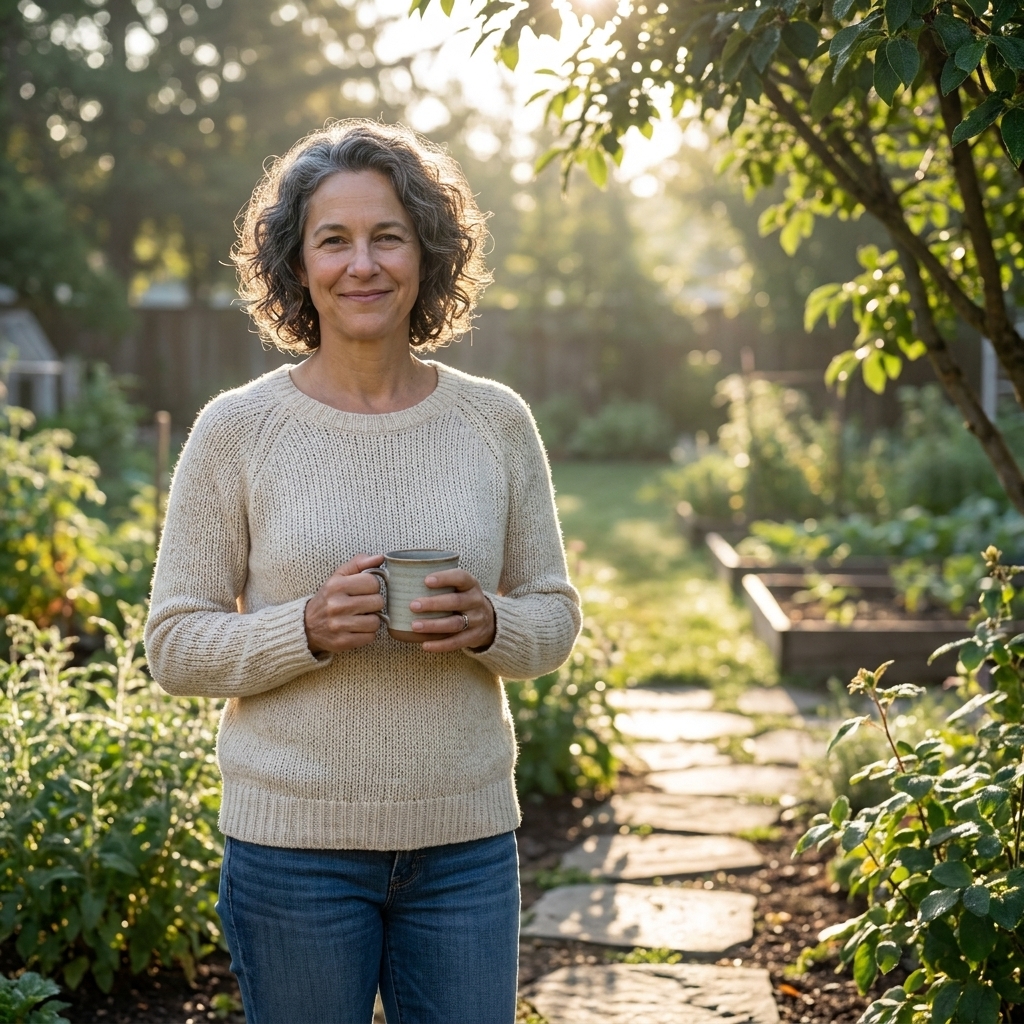 A person stands in a backyard holding a mug near a garden path in the morning