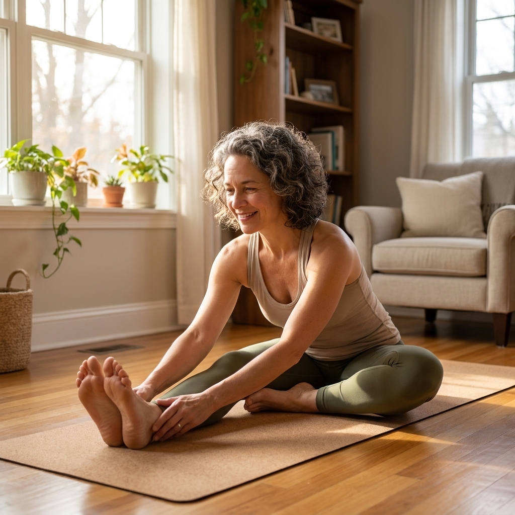 A person stretching on a yoga mat in a bright living room in the morning, with relaxed posture and soft window light.