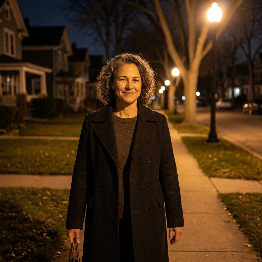 A person taking a calm nighttime walk on a quiet neighborhood sidewalk under warm streetlights