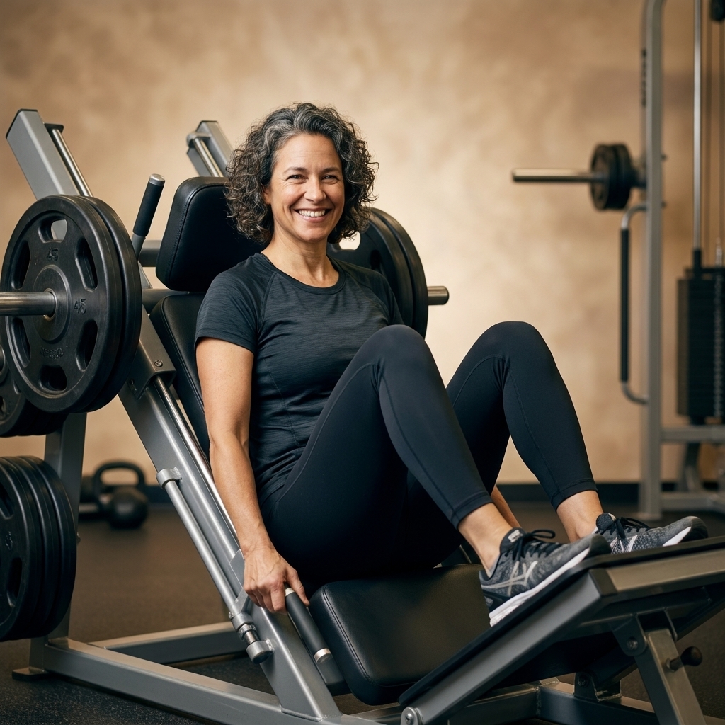 A person using a 45-degree leg press machine with feet on the platform and knees bent at the bottom position.