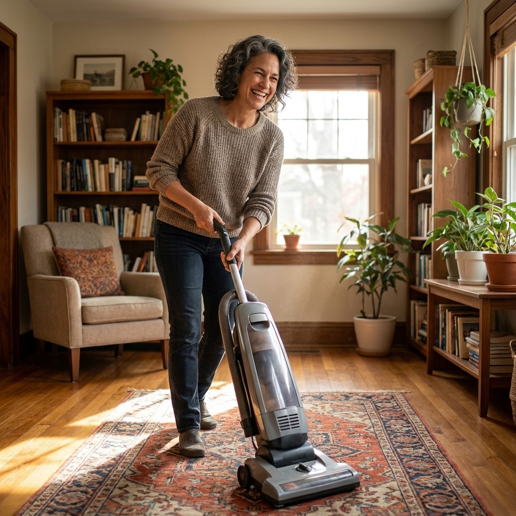 A person vacuuming a living room.