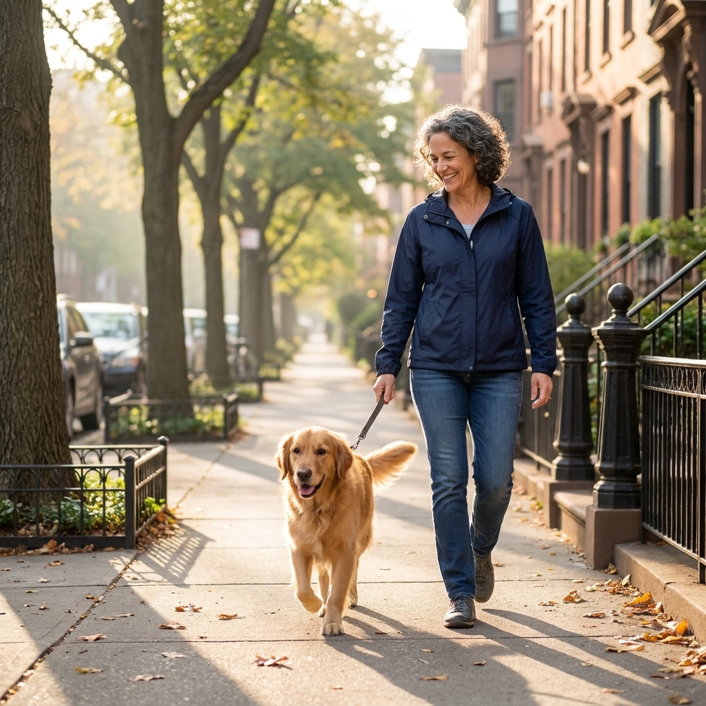 A person walking a dog on a quiet residential sidewalk in soft morning sunlight
