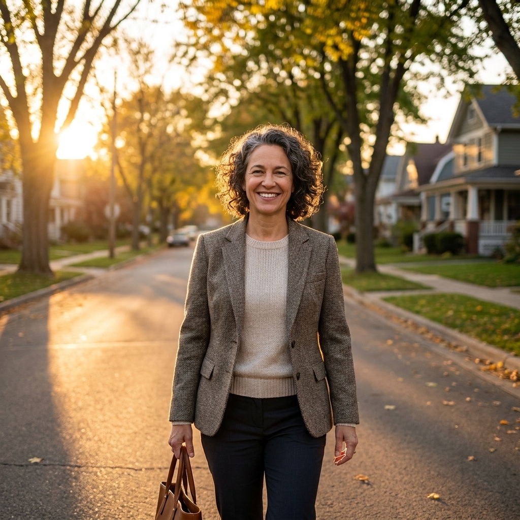 A person walking along a quiet neighborhood street at sunset.