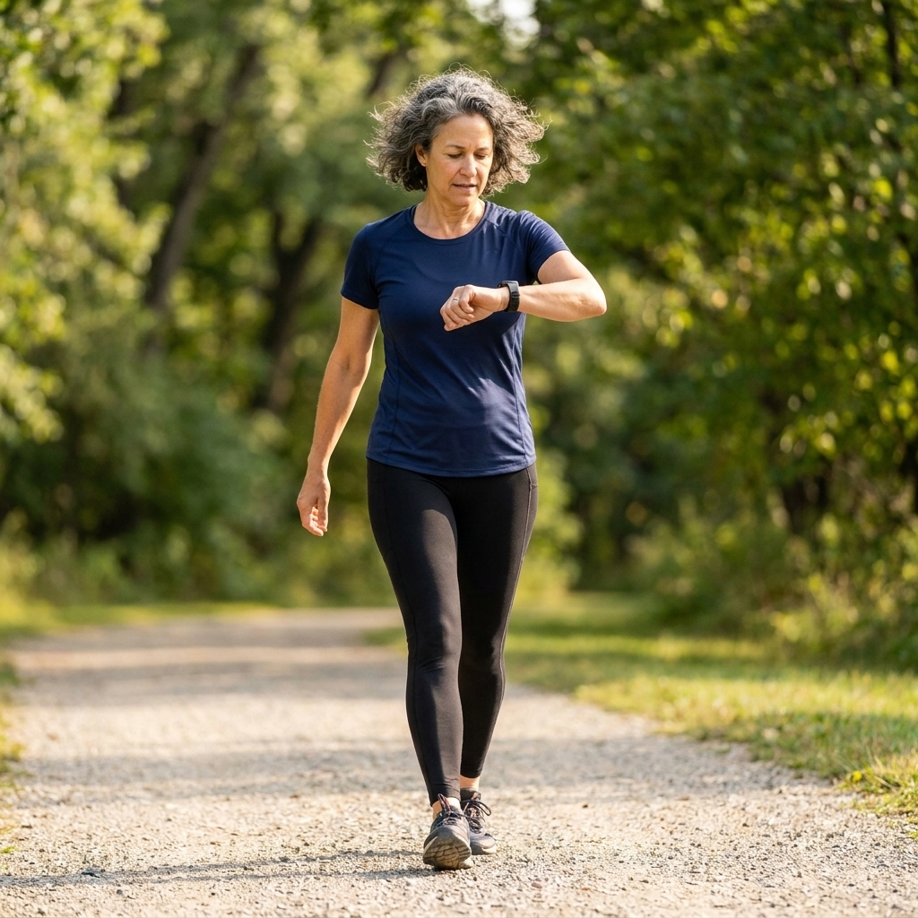 A person walking briskly on a park path in daylight while glancing at a wrist heart rate watch, wearing comfortable workout clothes