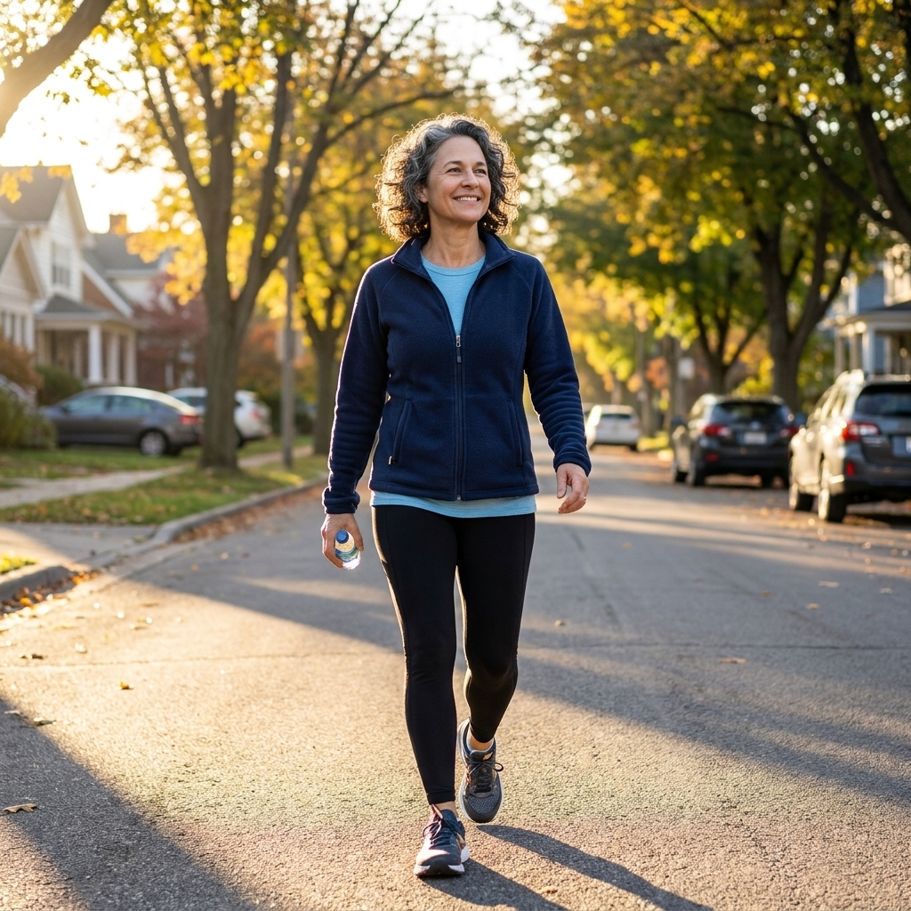 A person walking briskly on a quiet residential street in early morning sunlight, wearing light workout layers and looking relaxed