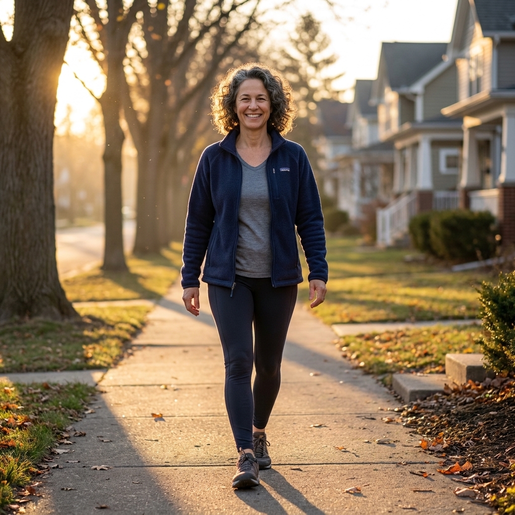 A person walking on a quiet neighborhood sidewalk at sunrise, wearing comfortable clothes in natural morning light.