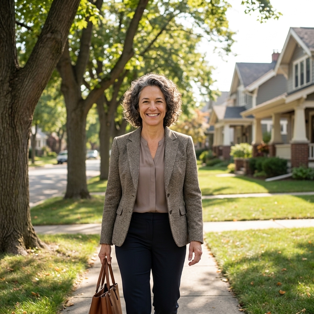 A person walking on a tree-lined neighborhood street