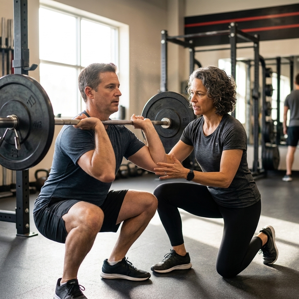 A personal trainer coaching an adult client through a squat, focusing on posture and depth