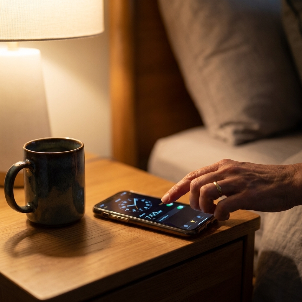 A person’s hand setting an alarm on a smartphone beside a mug on a bedside table in a softly lit room