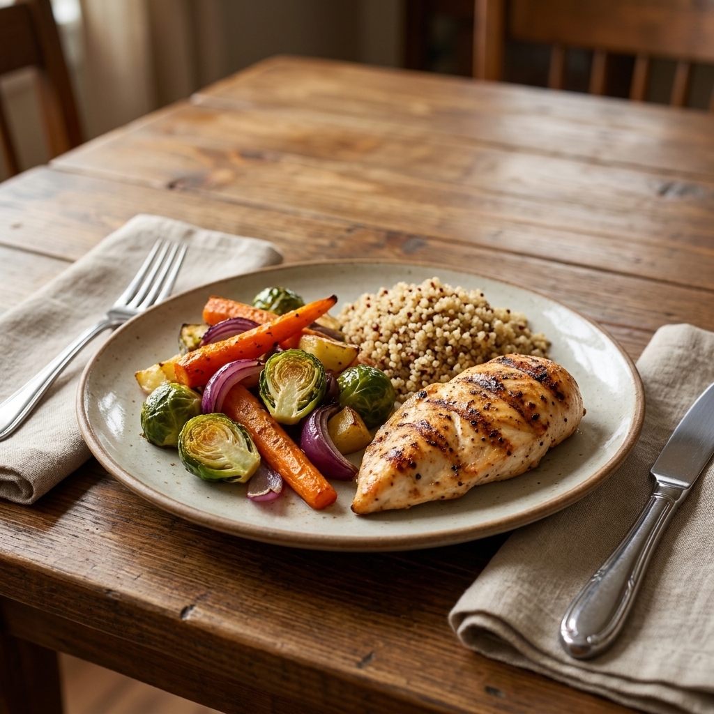 A plate with roasted vegetables, a protein portion, and whole grains set on a dining table