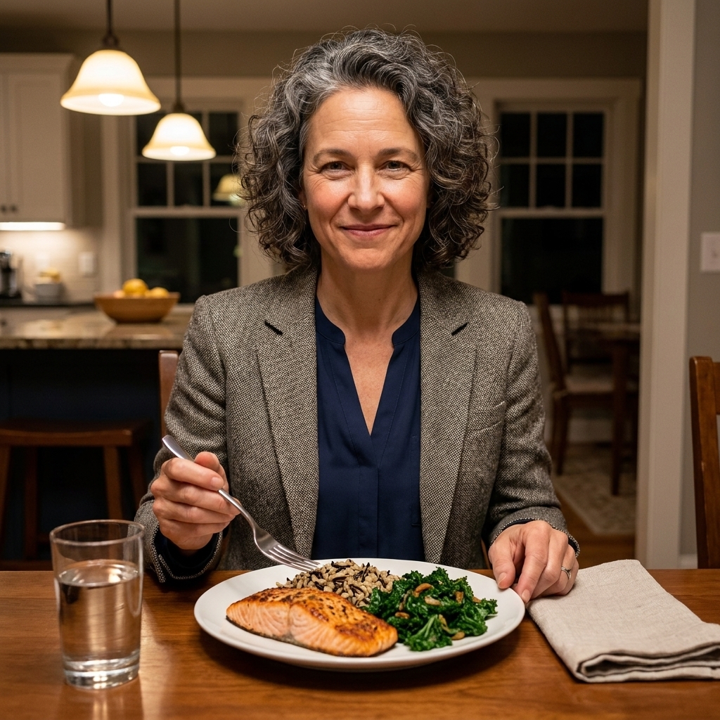 A plated salmon dinner with a small portion of rice and sautéed greens on a dining table during an evening meal