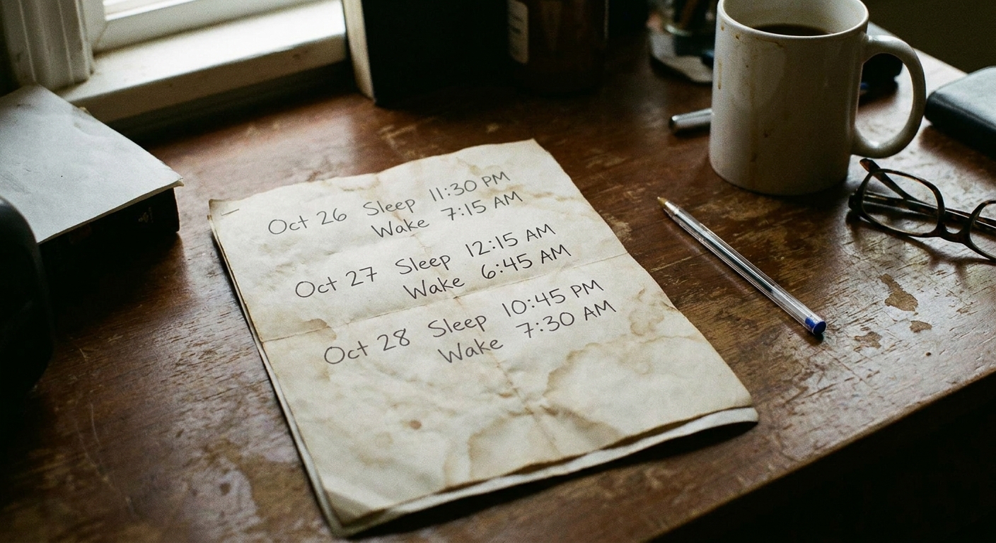A printed sheet on a desk with handwritten sleep and wake times for multiple days, next to a simple pen